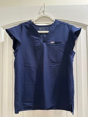 Figs Navy Ruffle Scrub Top